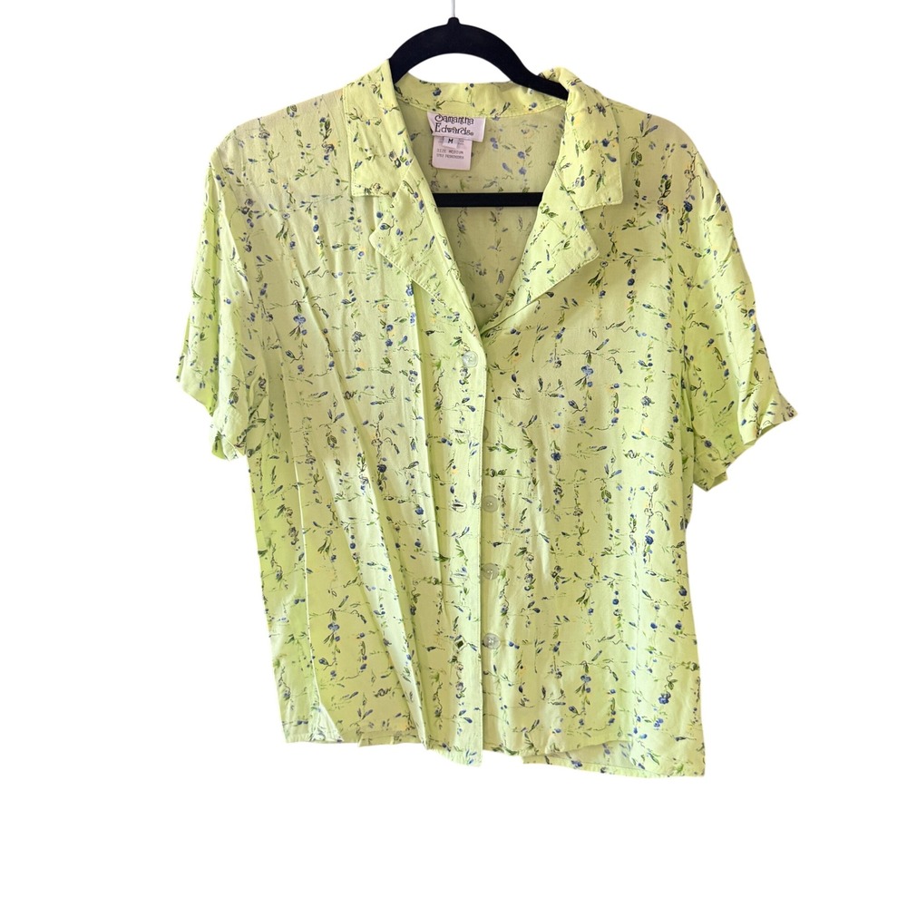 Samantha Edwards Vintage Lime Green Floral Button Up Blouse Medium Cottage Retro